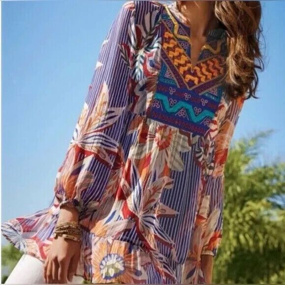 Soft Surroundings Tory Tunic Top Floral Embroidered Sheer Plus Size 1X Boho Art - Picture 3 of 10